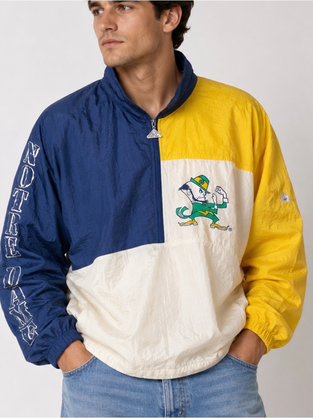 Vtg 1990s Notre Dame Fighting Irish Apex One Colorblock Half-Zip Windbreaker